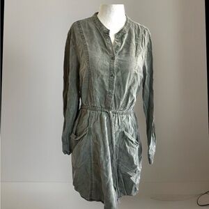 Lucky Brand Army Green Shirt Dress Pockets Button Front Tie Waist Medium